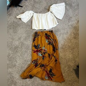 SHEIN Mustard Floral High Low Skirt